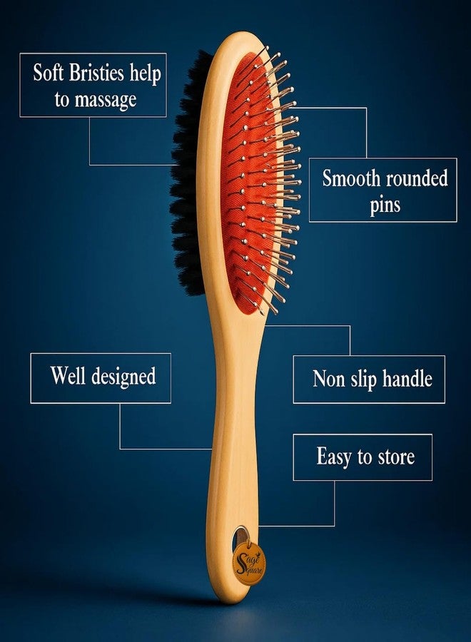 سايج سكوير فرشاة تنظيف الحيوانات الأليفة الخشبية ذات الوجهين من سيج سكوير للكلاب والقطط | جانب واحد بشعيرات معدنية لفك التشابك وإزالة الشعر المتساقط | الجانب الآخر بشعيرات نايلون ناعمة لإضفاء اللمعان ولمسة نهائية خشبية | صغير 18 سم (النوع 3) - Image 4